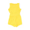 backview of yellow terry cloth romper with white trim accents