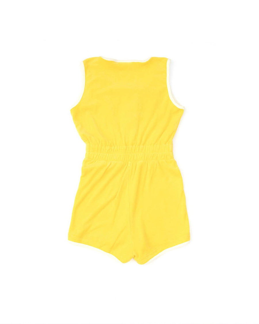 backview of yellow terry cloth romper with white trim accents