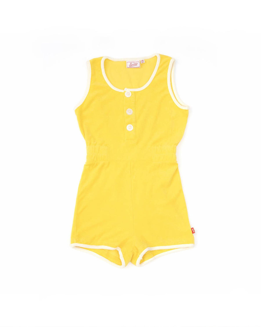 yellow terry cloth romper with white trim accents