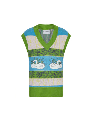 front view of stripe v-neck vest with swan graphics