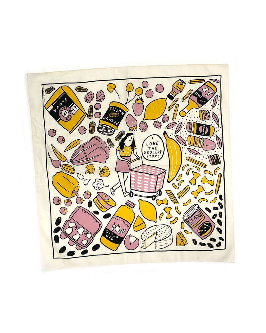 square bandana with various grocery store items and person in the middle that says 'i love the grocery store'