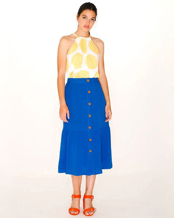 front view of model wearing royal blue button down ruffle midi skirt