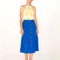 front view of model wearing royal blue button down ruffle midi skirt