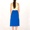 back view of model wearing royal blue button down ruffle midi skirt