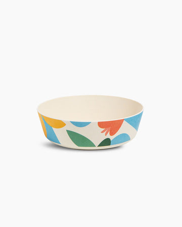cream set of bamboo bowls with colorful abstract flora print