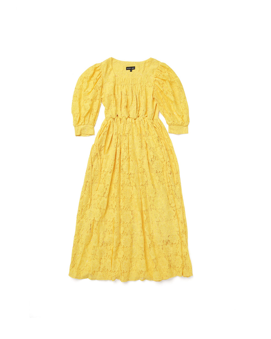 Midi length yellow lace dress with cropped puff sleeves.