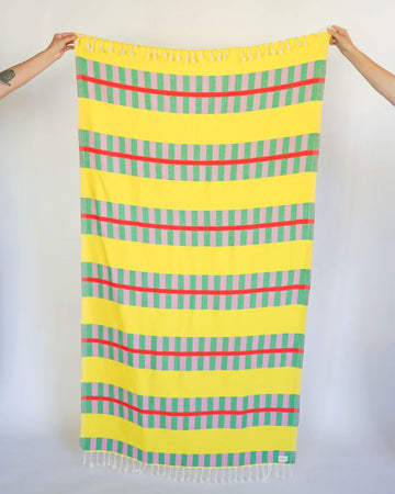 yellow turkish towel with pink and green lattice print