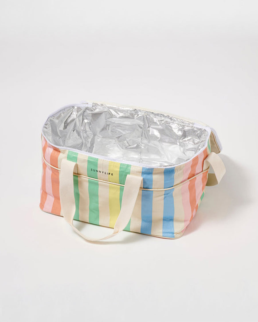 open pastel vertical stripe cooler bag