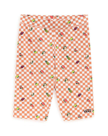 peach and white checkerboard legging shorts with all over fruit print