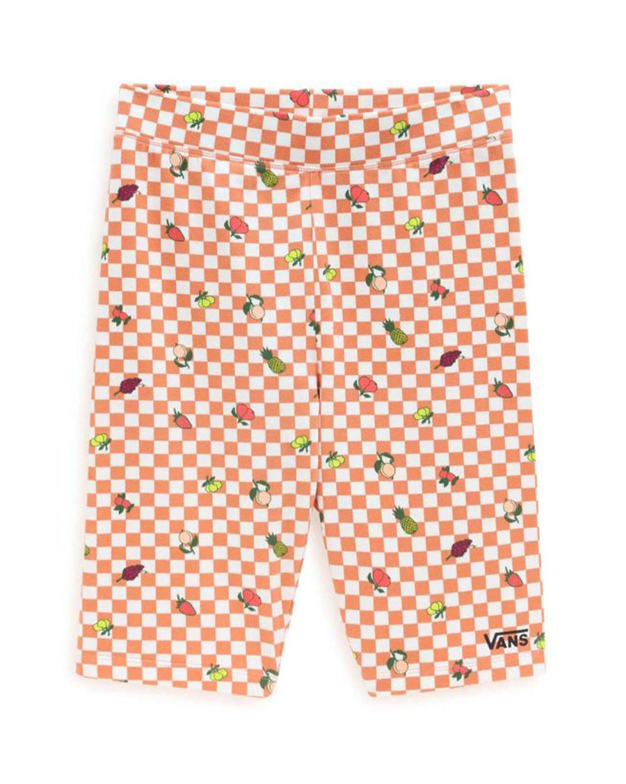 peach and white checkerboard legging shorts with all over fruit print