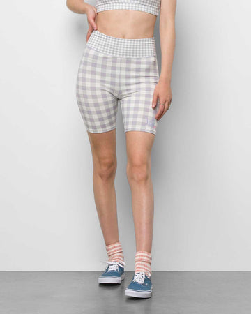 model wearing mixed lilac gingham biker shorts