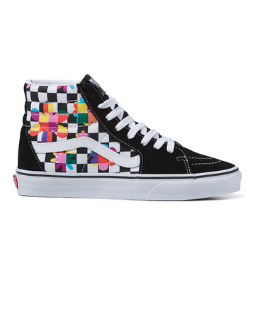 side view of black and white checker vans sk8-hi with multicolor floral print and black suede trim