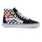 side view of black and white checker vans sk8-hi with multicolor floral print and black suede trim