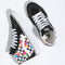 pair of black and white checker vans sk8-hi with multicolor floral print and black suede trim