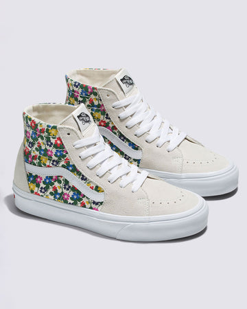 sk8-hi tapered shoes with tan suede base and multi floral accents