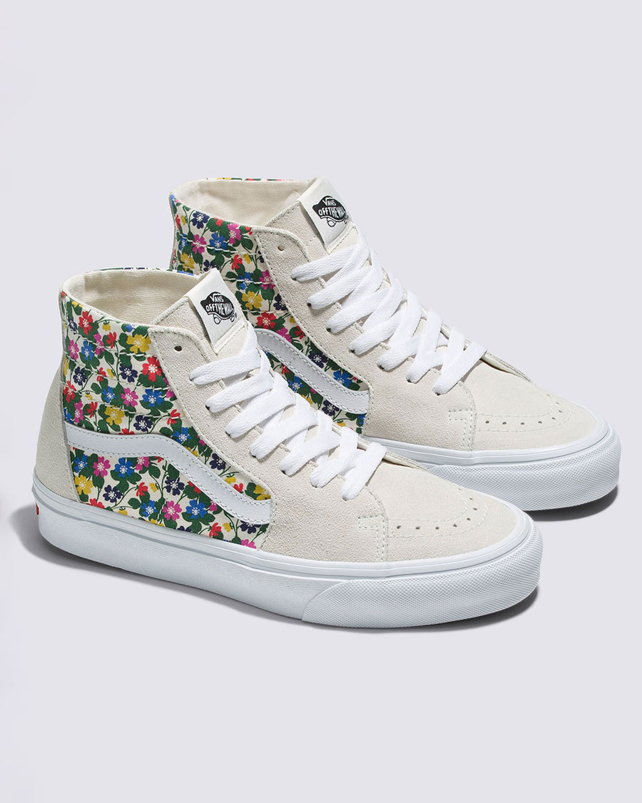 sk8-hi tapered shoes with tan suede base and multi floral accents