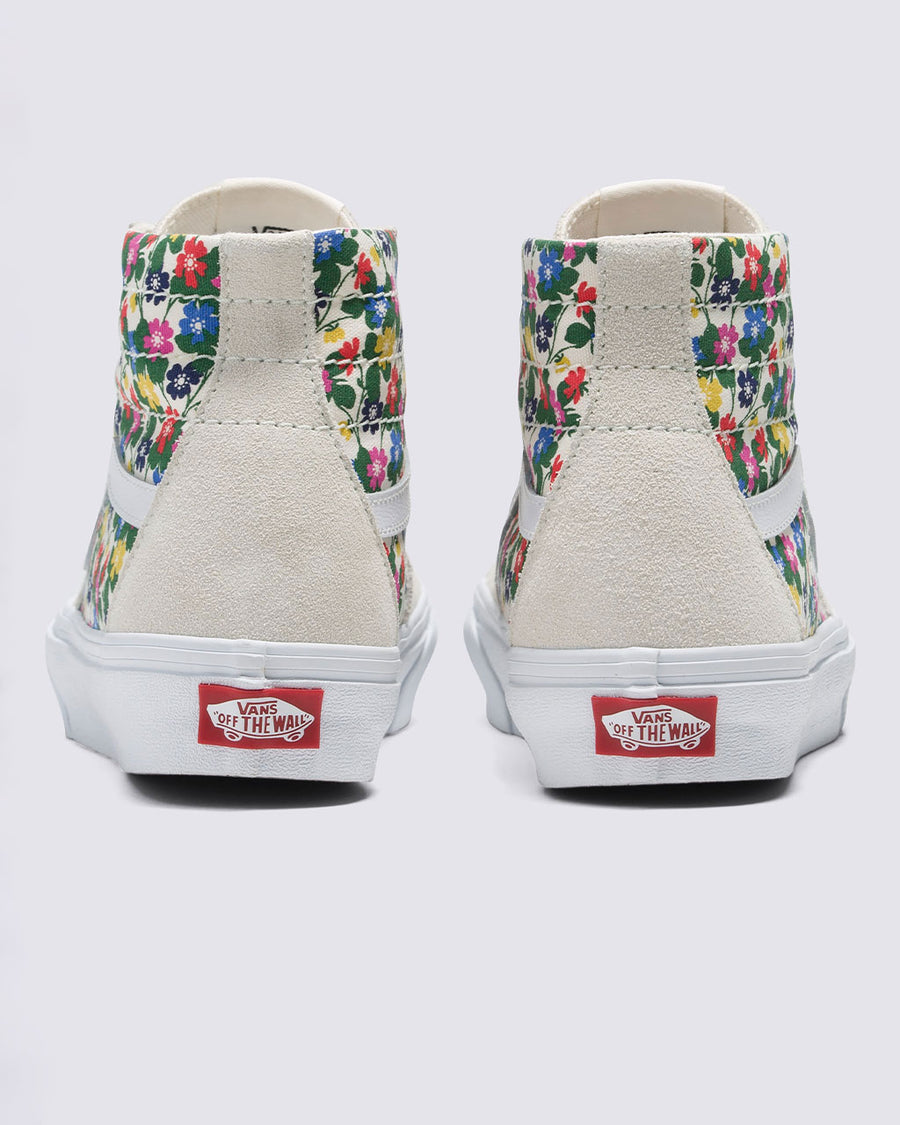 backview of sk8-hi tapered shoes with tan suede base and multi floral accents