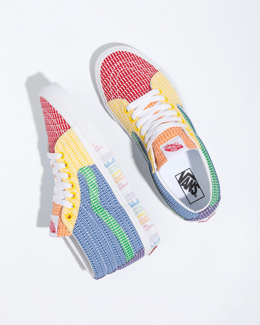 Vans Sk8-Mid sneakers in multicolor rainbow patchwork celebrating Pride Month