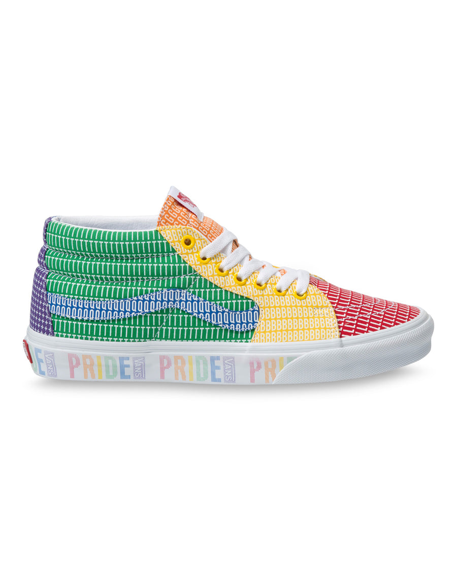 Vans Sk8-Mid sneakers in multicolor rainbow patchwork celebrating Pride Month