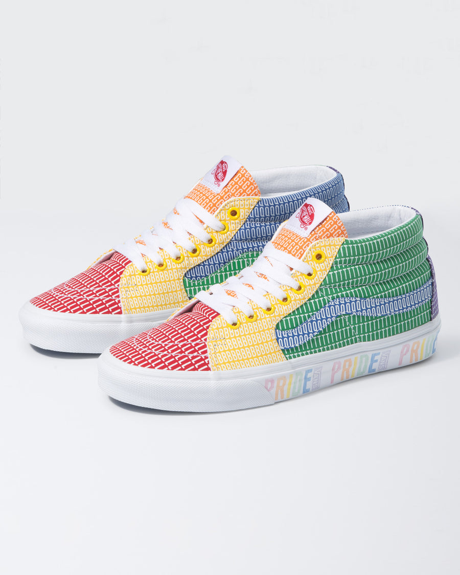 Vans Sk8-Mid sneakers in multicolor rainbow patchwork celebrating Pride Month