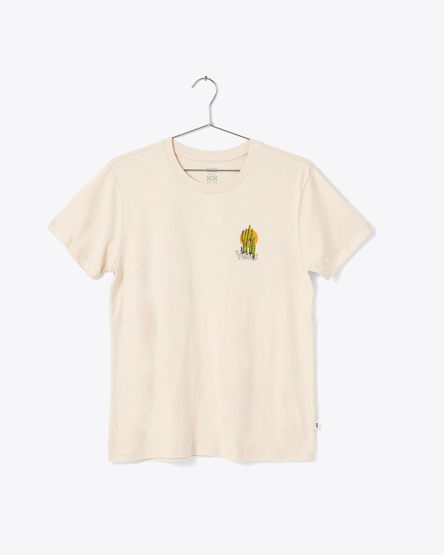 ivory tshirt with cactus and sun Vans logo on upper left chest