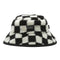 black and white checker sherpa bucket hat with vans logo on front