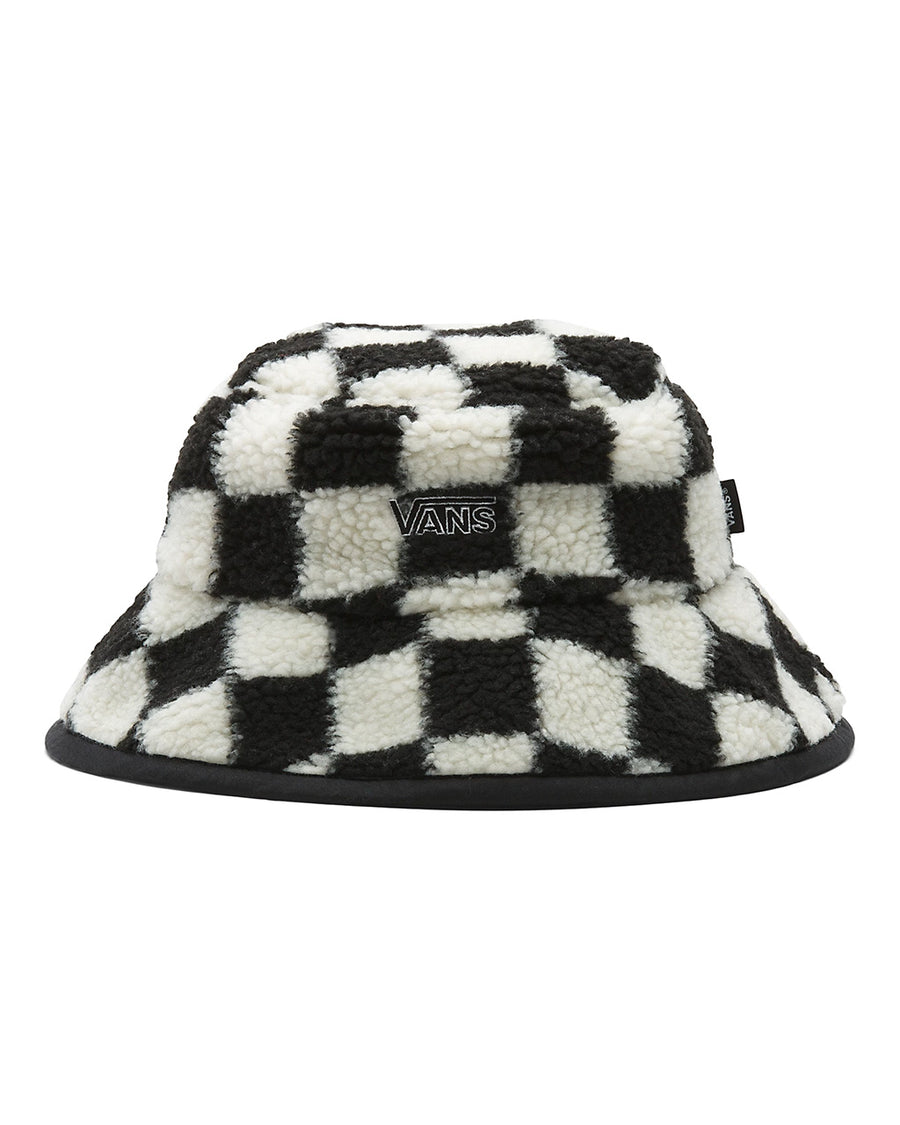 black and white checker sherpa bucket hat with vans logo on front