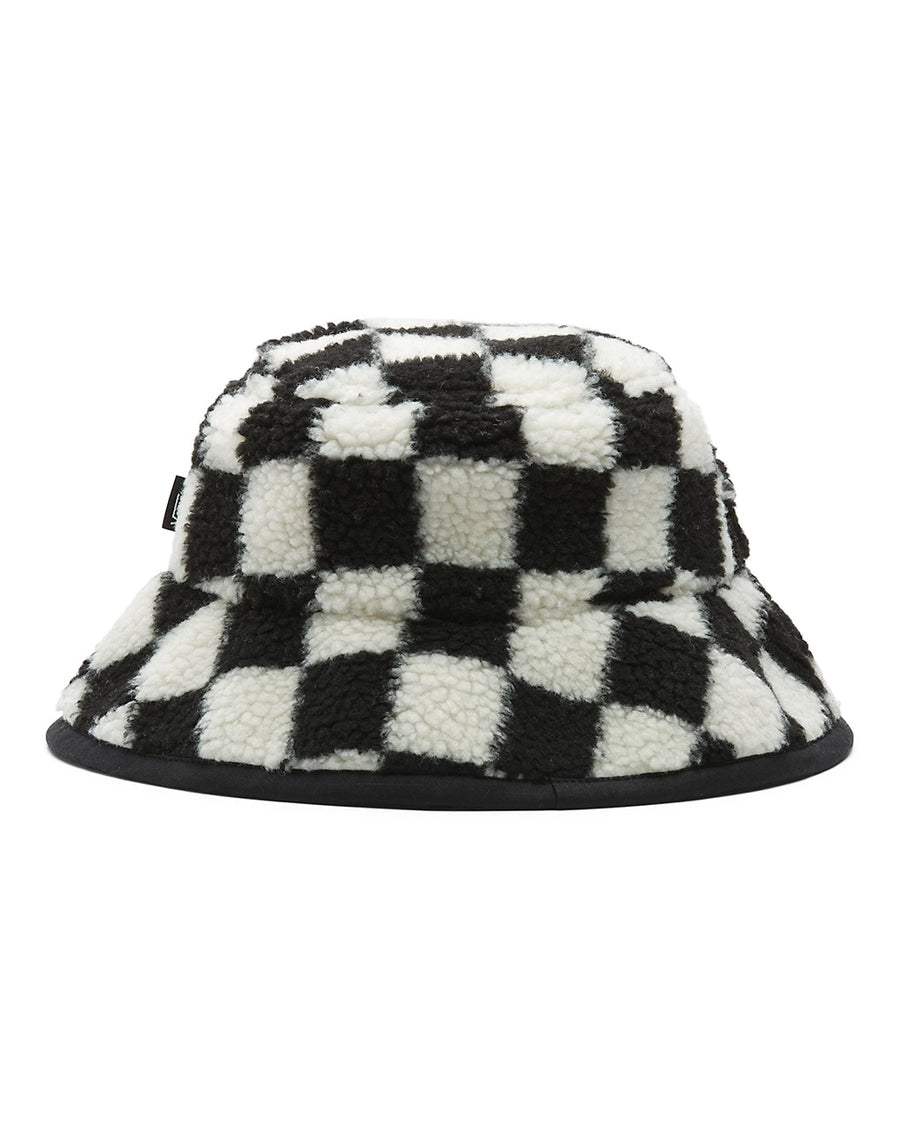 backview of black and white checker sherpa bucket hat