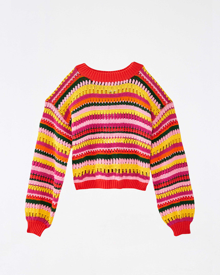 yellow, orange, green, pink and red crochet stripe sweater