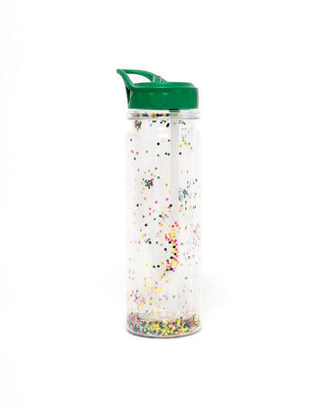 glitter bomb water bottle with a green lid and floral confetti