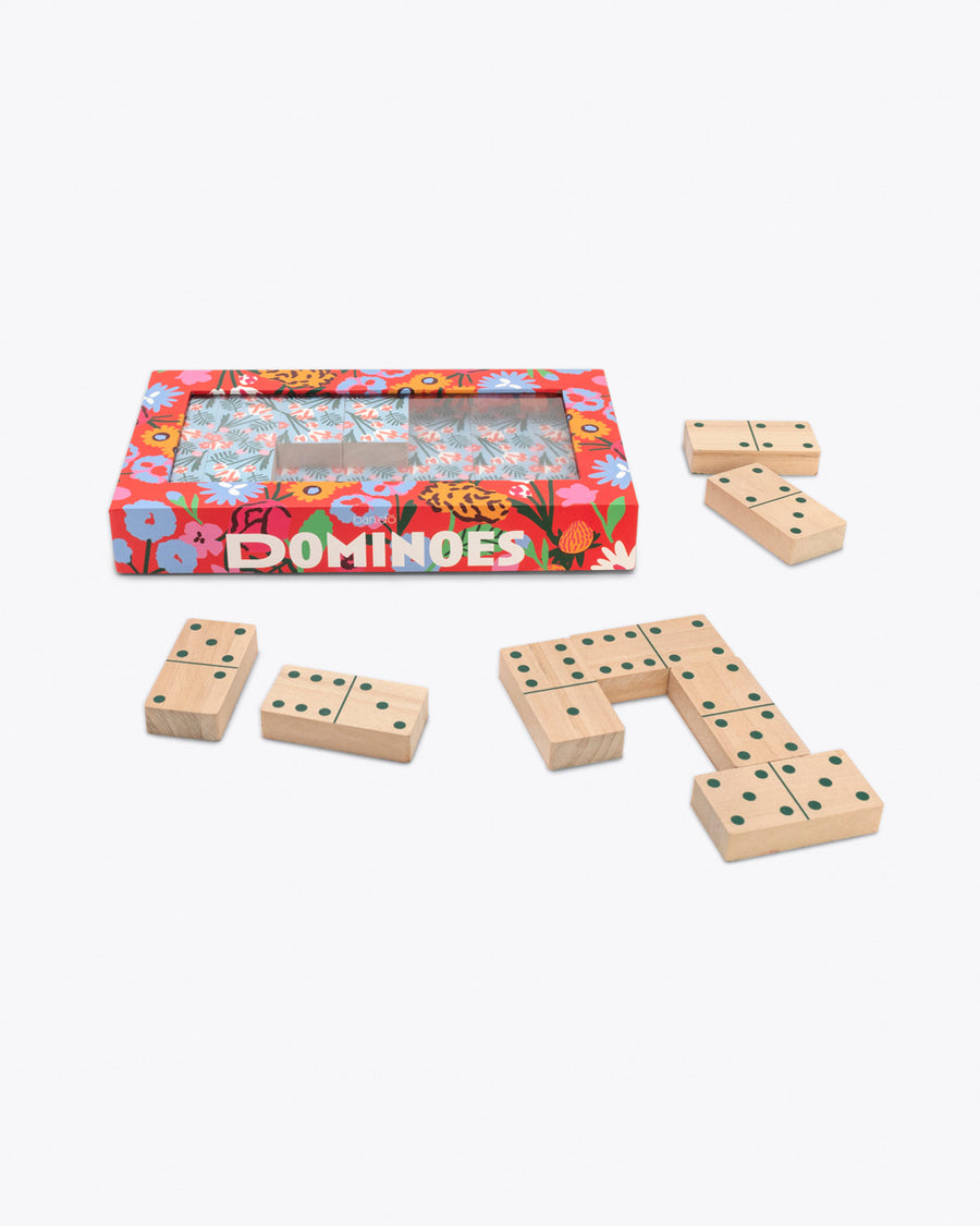 domino set with floral pattern on back and wooden front shown with floral packaging box