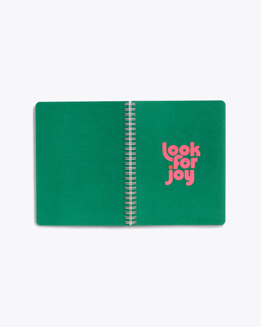 interior centerfold of spiral bound notebook with solid green pages and "look for joy" text graphic in pink on righthand page