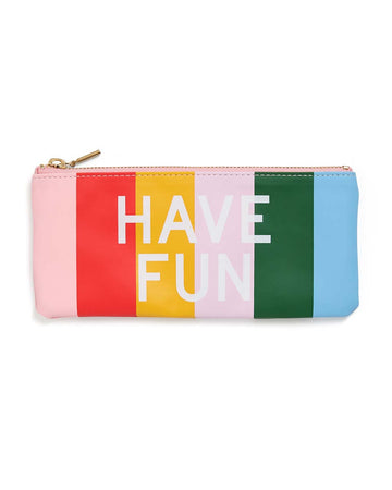 This Get It Together Pencil Pouch has a colorful striped pattern, with 'Have Fun' on the front and 'Work Hard' on the back.