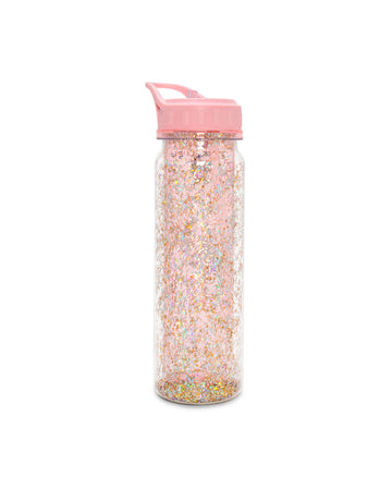 Double-walled acrylic water bottle with glitter.