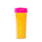 back view of acrylic thermal mug with yellow foil flower background, hot pink and the words 'the future starts now' in pink and white