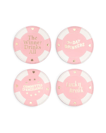 The Party On Coaster Set comes in a pink poker chip design.