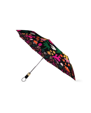 open umbrella with black ground with multicolor abstract floral print