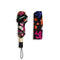 closed umbrella with black ground with multicolor abstract floral print with matching sleeve