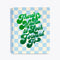 spiral bound notebook cover in blue and cream checkerboard pattern with "There's So Much to Look Forward To" text graphic in green