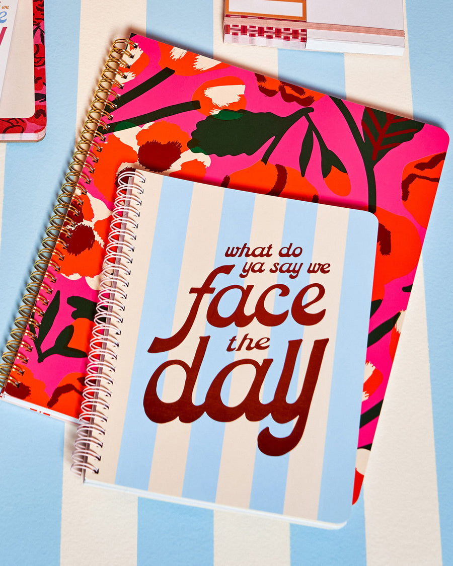 spiral bound notebook with blue and ivory striped pattern and "what do ya say we face the day" in metallic red text and red and pink floral notebook shown against blue and white striped background