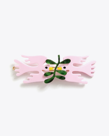 hair clip with two pink birds face each other with olive leaf